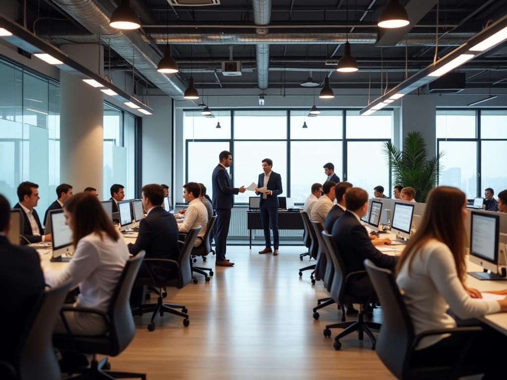 Oficina flexible moderna con espacios adaptables y tecnología integrada